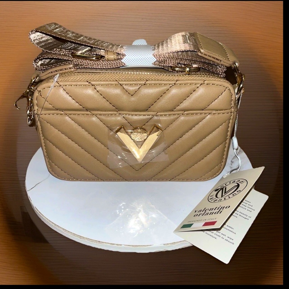 Valentino Orlandi Dark Taupe W/Gold Quilted Crossbody/Shoulder Strap HTF $280